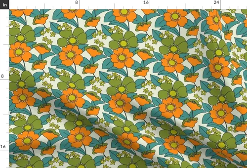 Vista 3 de Spoonflower Tela – 70S floral naranja retro divertido hippie medio verde oliva verde azulado vintage impreso en tela de gasa cuarto gordo – costura