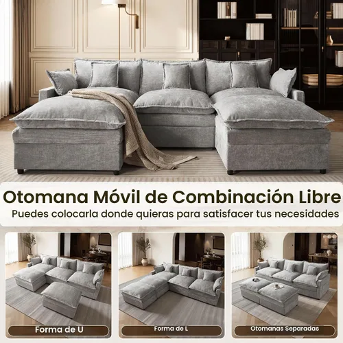 Vista 3 de ovios Sofá modular Cloud de 108 pulgadas con 2 otomanas, sofá en forma de U de 5 plazas, cómodos sofás de felpilla con 5 almohadas para sala de Gris