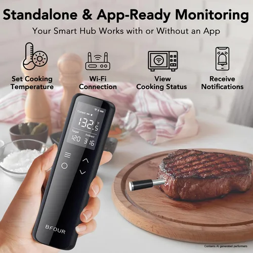 Vista 3 de Termómetro inalámbrico para carne Bluetooth con base digital independiente, rango ilimitado WiFi, sensor de precisión 6, impermeable IP67