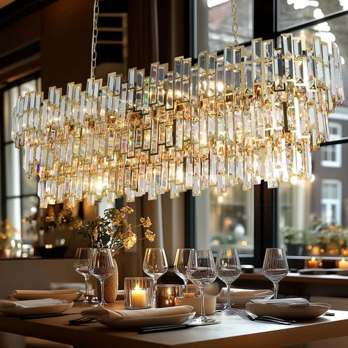 Vista 9 de Candelabros modernos para comedor, lámpara de araña rectangular cromada, lámpara colgante de cristal, colgante rectangular lineal cromado