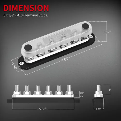 Vista 2 de DaierTek - Barra colectora de 300A 12V marina, bloque de distribución de potencia con cubierta, 6 pernos de 3/8" (M10), máximo 300V CA, 48V CC