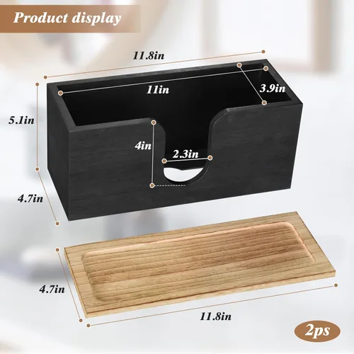 Vista 3 de Paquete de 2 dispensadores de toallas de papel de madera maciza montados en la pared, soporte de toalla de papel plegado con tapa, plegable en C