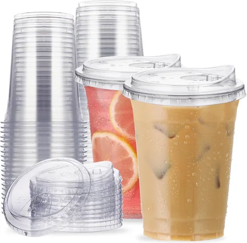 Vista 11 de Vasos de plástico transparente de 12 oz con tapas sin pajita, 25 juegos de vasos desechables de plástico para café helado, vasos para llevar