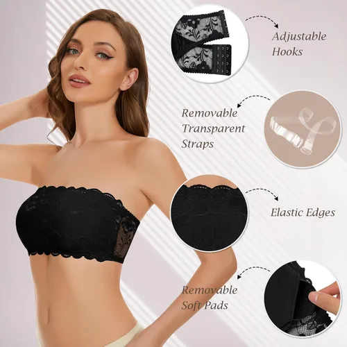 Vista 2 de Bralette de encaje Flora Bandeau para mujer, sin costuras, parte superior de tubo en capas