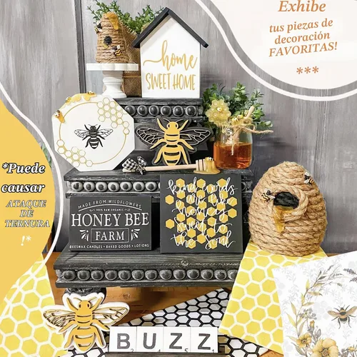 Vista 8 de Bandeja decorativa [Juego de 3] bandejas escalonadas de madera, bandeja decorativa para uso de mesa, isla de cocina, barra de café, elevadores