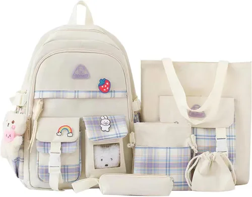 Vista 10 de Juego de 5 mochilas estéticas con alfileres y colgante, tamaño grande, estilo japonés kawaii, para la universidad, mochila para computadora Negro