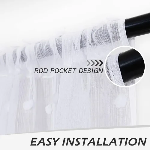 Vista 2 de MYSKY HOME Cortinas blancas para sala de estar de 84 pulgadas de largo, cortinas con pompones para dormitorio, cortinas transparentes para ventanas