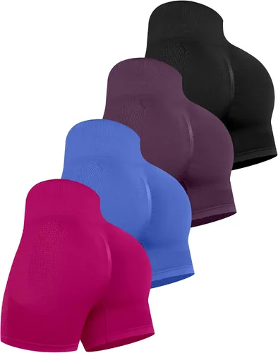 Vista 24 de CHRLEISURE Pantalones Cortos de Entrenamiento para Mujer, 4 Paquetes, Cintura Alta, Levantamiento de Glúteos con Fruncido, Pantalones Cortos Booty
