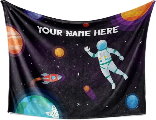 Vista 8 de Manta personalizada con diseño de cohete para niños, bonita manta con nombre personalizada para niños y niñas, divertido espacio exterior, galaxia