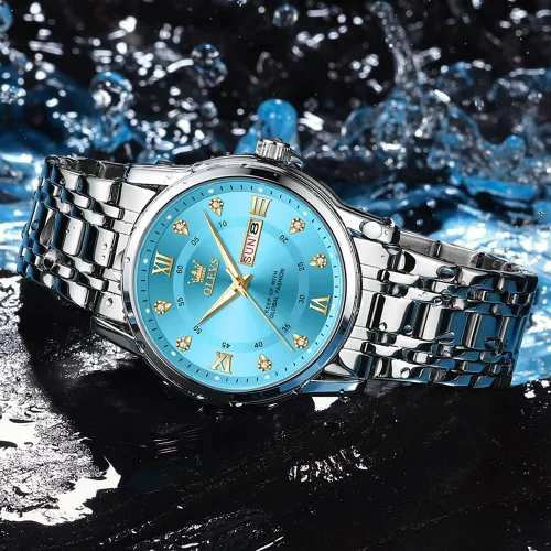 Vista 8 de OLEVS Reloj para hombre clásico vestido de negocios analógico cuarzo acero inoxidable impermeable luminoso fecha diamante hombres reloj de plata