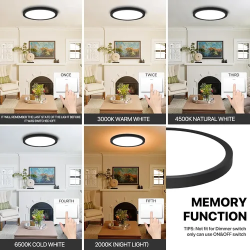 Vista 7 de Lámpara de techo LED regulable con control remoto, 24 W, 2640 lúmenes, 12 pulgadas, luz nocturna cálida de 2000 K y 3000 K-6500 K, moderna lámpara