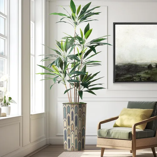 Vista 9 de Árbol artificial en macetero moderno con patrón poligonal, palmera tropical areca artificial de seda para decoración del hogar en interiores