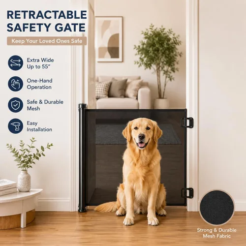 Vista 5 de Puerta de seguridad retráctil para bebés y perros, color negro