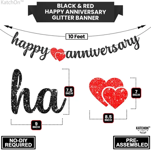 Vista 4 de KatchOn, Cartel de feliz aniversario con purpurina negra, 10 pies, sin bricolaje, decoraciones románticas de feliz aniversario, decoraciones