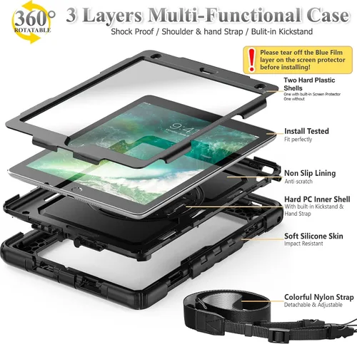 Vista 5 de SEYMAC stock Funda para iPad de 6ª / 5ª Generación Funda/Air 2 / Pro de 9.7 pulgadas, Protección Resistente con Protector de Pantalla, con Soporte
