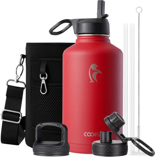 Vista 87 de Coolflask Botella de agua de 24 onzas aislada con pajilla, 3 tapas de metal de acero inoxidable, botella de agua de boca ancha para deportes u