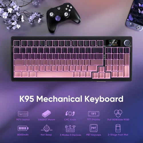 Vista 2 de RedThunder Teclado mecánico inalámbrico K95, pantalla y perilla TFT, conexión de modos de viaje, teclado personalizado de intercambio en caliente