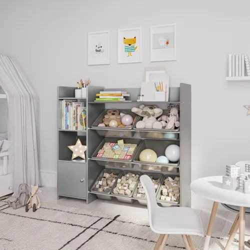 Vista 8 de Sturdis Organizador de almacenamiento de juguetes con estantería, estantería de organización de sala de juegos para niños con contenedores de Gris