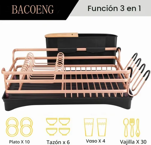 Vista 3 de BACOENG Escurridor de platos de aluminio, nunca se oxida con soporte extraíble para cubiertos y soporte para tazas, tablero de drenaje giratorio
