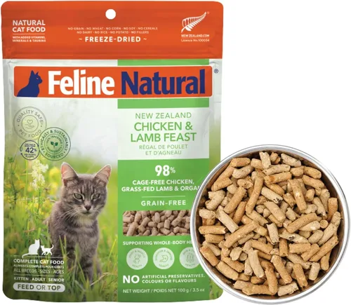 Vista 17 de Alimento para gatos seco de alta proteína Feline Natural, dieta liofilizada con 98% de carne, órganos y mariscos, sin guisantes, granos o aditivos