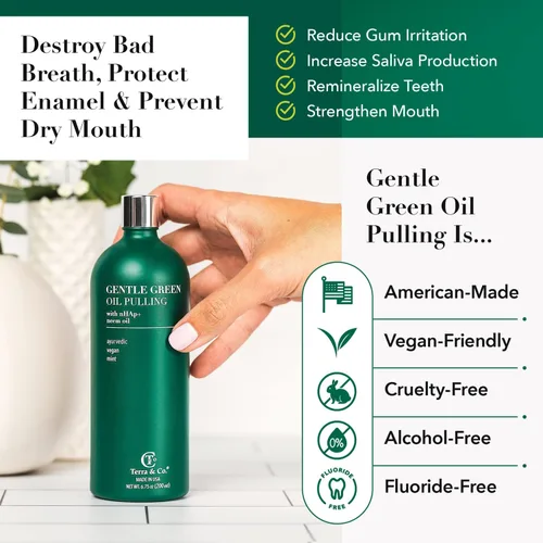 Vista 3 de Terra & Co. Nano hidroxiapatita suave aceite verde - Enjuague bucal natural vegano para la salud de los dientes y las encías - Sin alcohol y sin