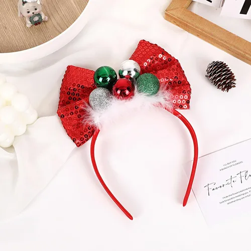 Vista 3 de Ecuupas Diadema de Navidad con lazo para el pelo, color rojo, brillante, verde, campana, diseño de tocado para mujeres, niñas, niños, invierno