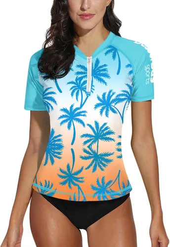 Vista 21 de BesserBay Camiseta de natación de manga corta con cremallera UPF 50+ para mujer, de secado rápido