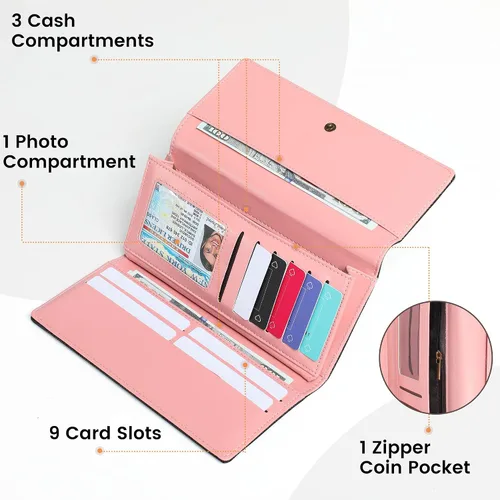 Vista 4 de Billetera para mujer, con bloqueo RFID, triple pliegue, tarjetero, delgada, con bolsillo para monedas con cremallera, Negro -, Negro