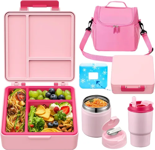 Vista 13 de Lonchera Bento para niños con termo de sopa de 17 onzas, botella de agua aislada y bolsa de almuerzo aislada, a prueba de fugas, contenedor