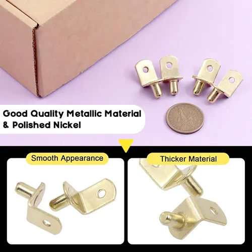 Vista 3 de Swpeet 60 pines para estante en L, clavijas de soporte doradas de 0.236 pulgadas con agujero, soporte de acero chapado en acero, clips de gabinete