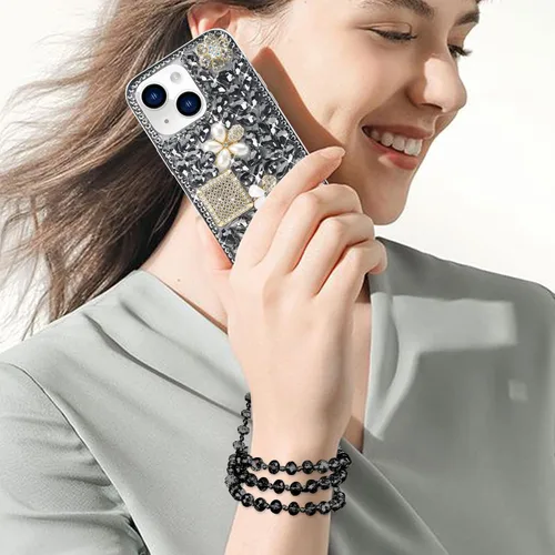 Vista 5 de Losin Funda compatible con iPhone 15 con correa de cordón, diamantes de imitación de cristal 3D de lujo para mujeres y niñas, funda brillante