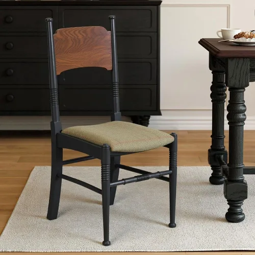Vista 7 de Sillas de comedor de madera estilo rústico retro con cojín de asiento de tela tapizada respaldo alto curvado cocina moderna
