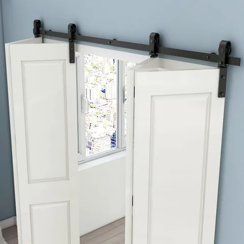 Vista 10 de CCJH Kit de riel deslizante de 3 pies/36 pulgadas para puerta de granero plegable resistente para 2 puertas (sin puerta de madera, solo hardware)