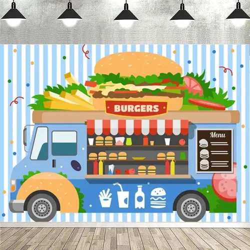 Vista 4 de Fondo de hamburguesa para camión de comida rápida, postre de tienda, hamburguesas, papas fritas, bebidas, fotografía, telón de fondo para niños