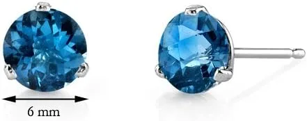 Vista 5 de Peora London - Aretes solitarios de topacio azul Martini para mujer, oro blanco de 14 quilates, hipoalergénicos de 2 quilates en total
