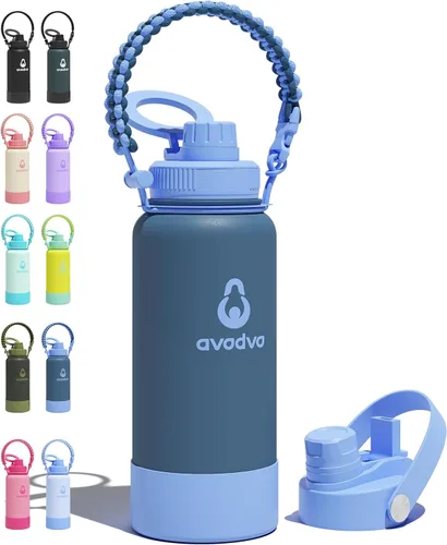 Vista 13 de Botella de agua aislada de 12 onzas con 2 tapas (tapa de popote y boquilla 2 en 1, tapa magnética), botella de agua para niños con correa, botella