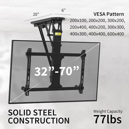 Vista 2 de VIVO Soporte eléctrico para TV de techo para pantallas de 32 a 70 pulgadas, soporte VESA de techo inclinado motorizado abatible grande, paquete Negro
