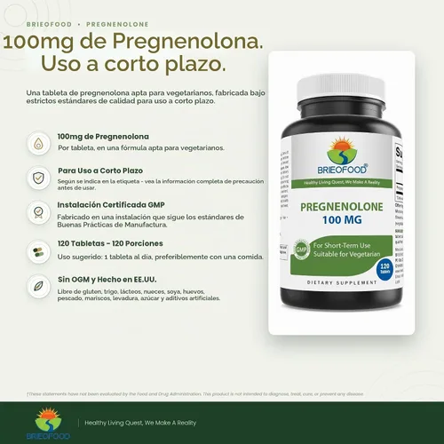 Vista 2 de Brieofood Pregnenolone 100 mg 120 tabletas - Suplemento de equilibrio hormonal