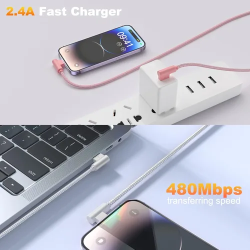 Vista 3 de Cargador para iPhone, 3 unidades de 10 pies, cables USB A a Lightning de 90 grados, certificado MFi, cable de carga rápida trenzado de nailon