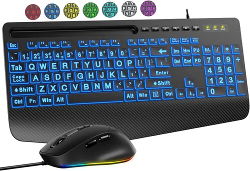 Vista 10 de Combo de teclado y mouse con cable, retroiluminación de impresión grande, reposamuñecas ergonómico, 6 DPI RGB para PC/Windows, ideal para personas
