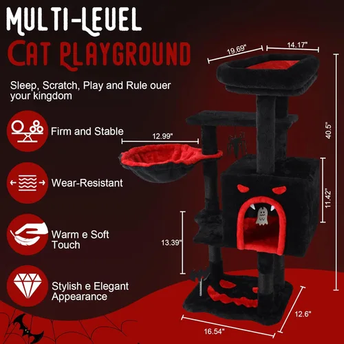 Vista 2 de Árbol gótico para gatos de interior para gatos grandes y adultos, torre gótica de 40.5 pulgadas con cama de ataúd, poste rascador, condominio