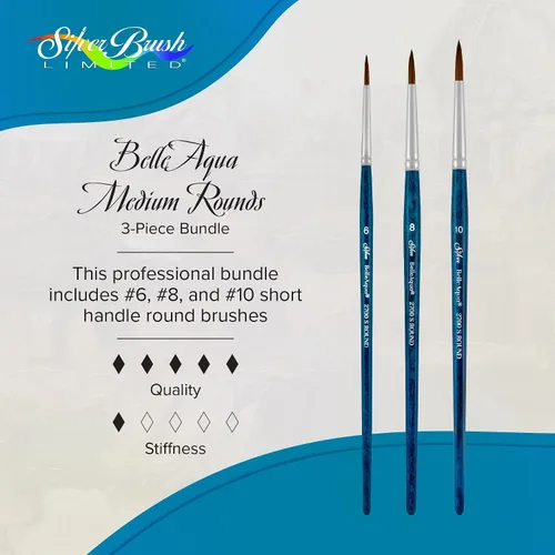 Vista 2 de Silver Brush Limited BA-2753S BelleAqua - Juego de pinceles redondos básicos para acuarela, 3 piezas, mango corto profesional, juego de pinceles