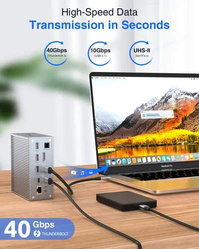 Vista 4 de Base Thunderbolt 3, estación de acoplamiento TOTU 18 en 1 Thunderbolt 3 USB C con 8K DP, 1 Gbps Ethernet, USB-A 10Gbps, USB-C 3.2, SD/TF, audio
