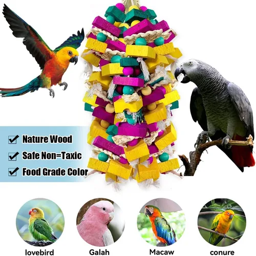 Vista 4 de Juguetes grandes para pájaros, bloque de madera multicolor con soporte de bambú, juguete para masticar pájaros, jaula de loro, juguete de mordida