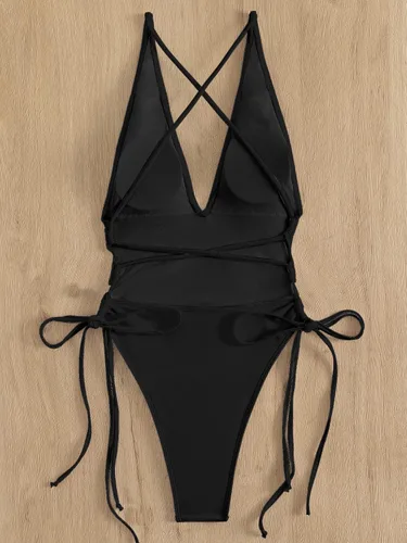 Vista 2 de SHENHE Traje de baño de una pieza con cuello en V profundo y espalda cruzada para mujer