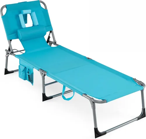 Vista 10 de COSTWAY Silla de salón plegable de playa, silla de bronceado con agujero para la cara, respaldo ajustable de 5 posiciones, almohada y bolsillo