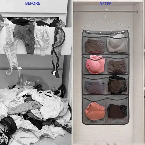 Vista 3 de Organizador de armario colgante de doble cara, calcetines duraderos, calcetines, ropa, brasier, bolsa de almacenamiento con 16 bolsillos grandes