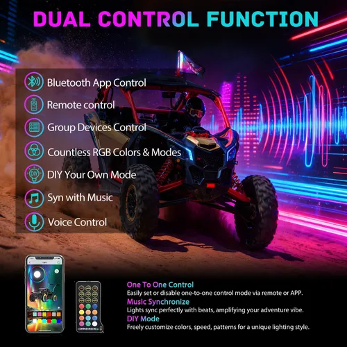 Vista 3 de Nilight Luz LED para látigo, 1 antena COB RGB de 2 pies con base de resorte, aplicación Bluetooth y control remoto, patrones de persecución
