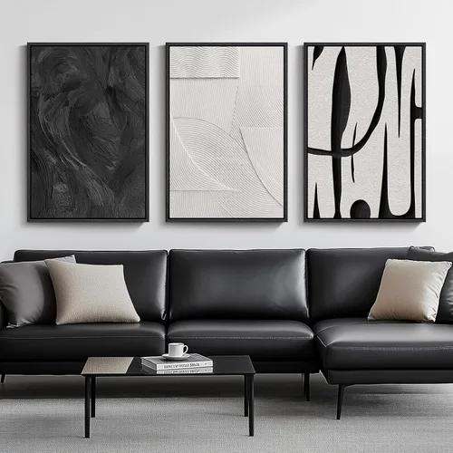 Vista 19 de Arte de pared abstracto moderno enmarcado en blanco y negro, 3 piezas de impresiones en lienzo pinturas obras de arte para paredes, cuadros Negro