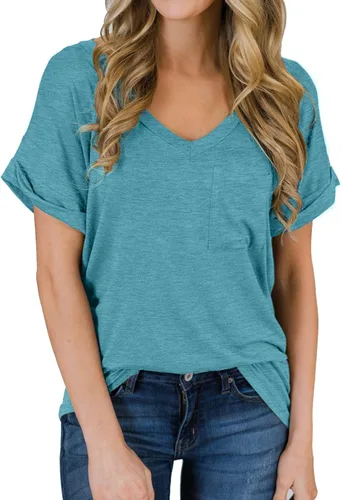 Vista 33 de Miholl Camiseta holgada, informal, de manga corta, con cuello en V, para mujer Blanco (02 White)